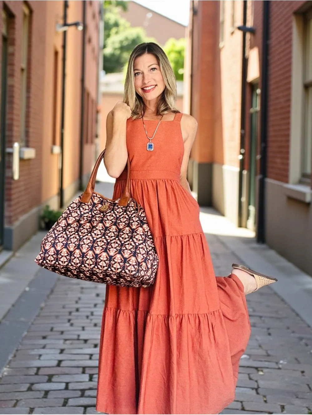 Tory Burch Ella Aztec Navy and Orange Geometric Tote with Brown Leather Handles - Picture 12 of 12